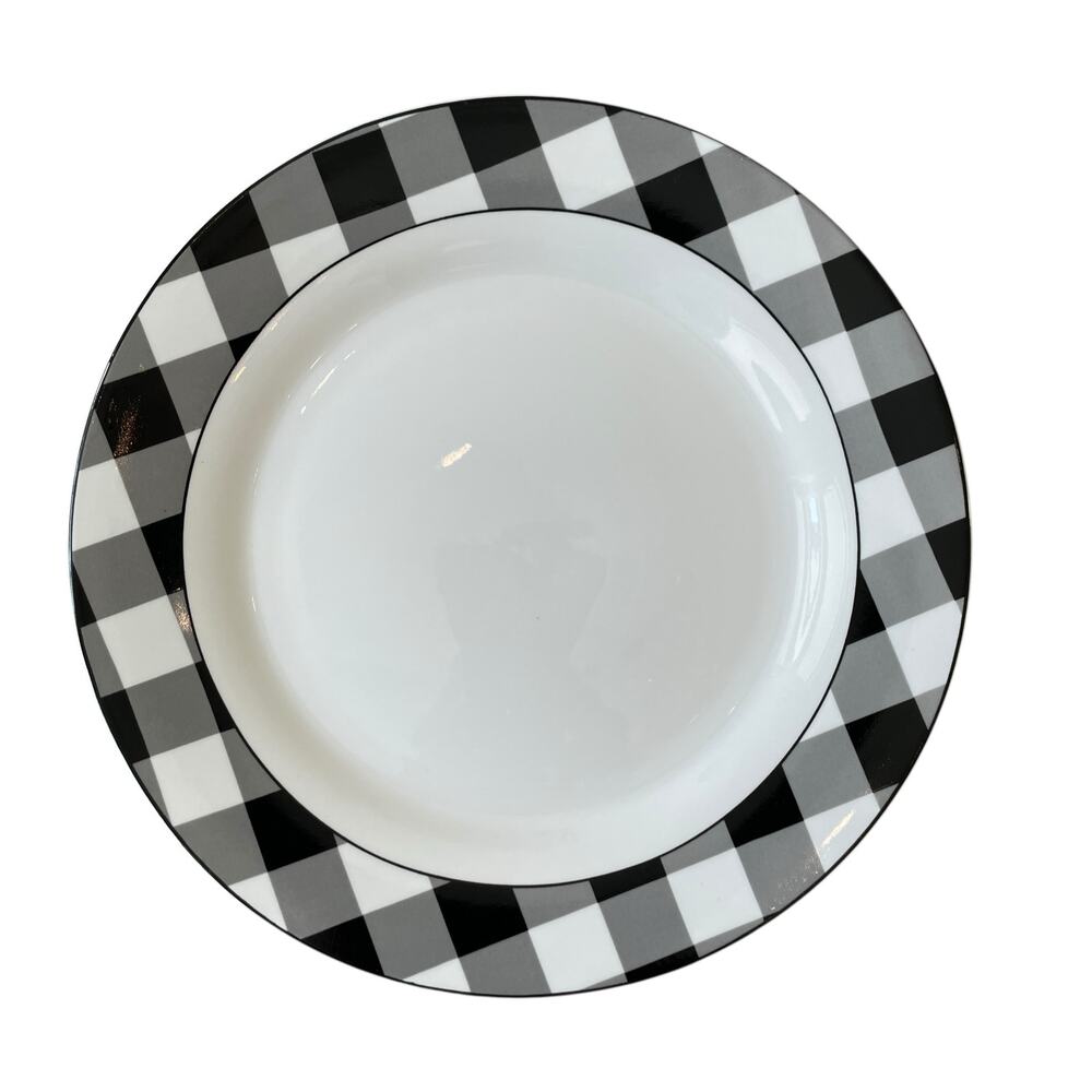 Godinger Black White Checkered Gingham Porcelain Dinner Plates 10.5" Set of 4